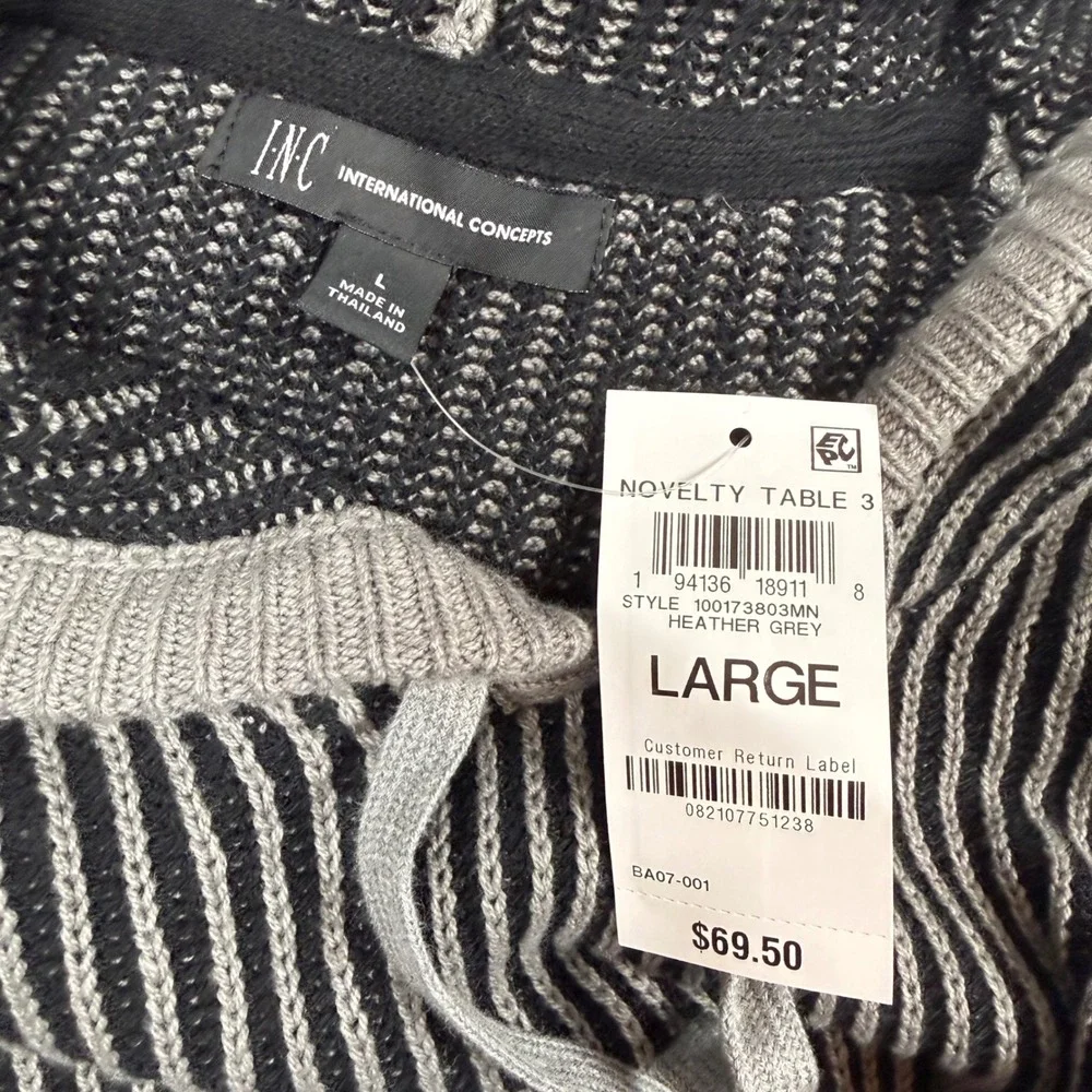 INC International Concepts Mens Heather Grey Striped Hooded Sweater L